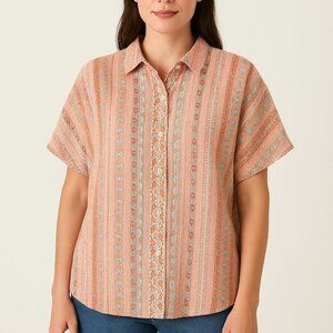 Rachel Zoe Linen Orange Striped Short Sleeve Top Size M